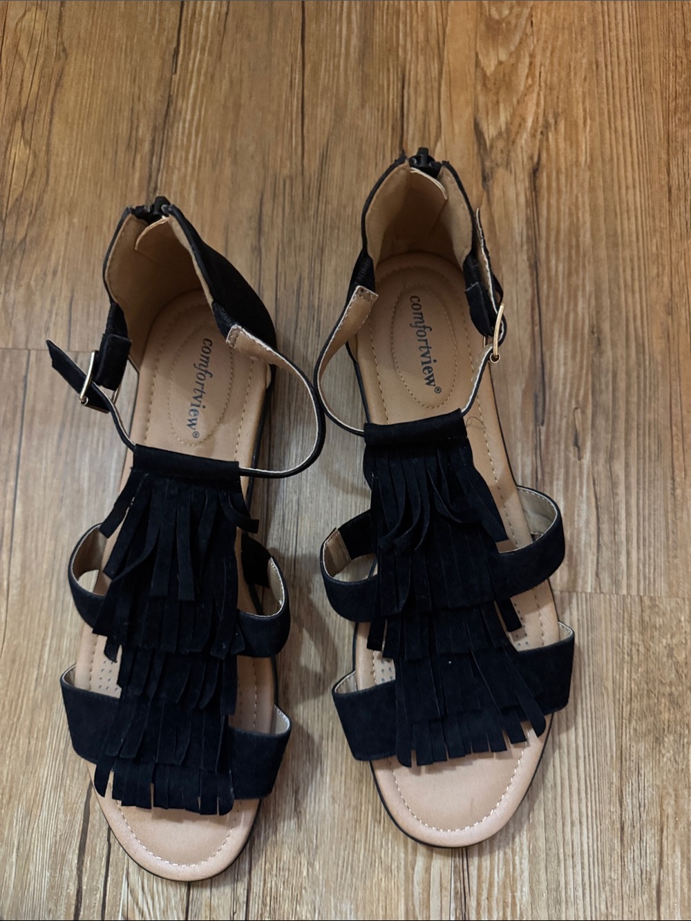 comfortview Black Fringe Ankle-Strap Sandals
